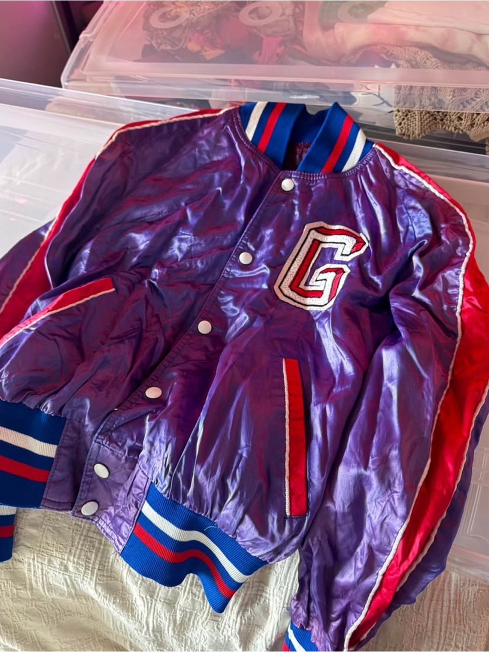 Bombshell Sportswear Purple and Red Satin Varsity Bomber Jacket